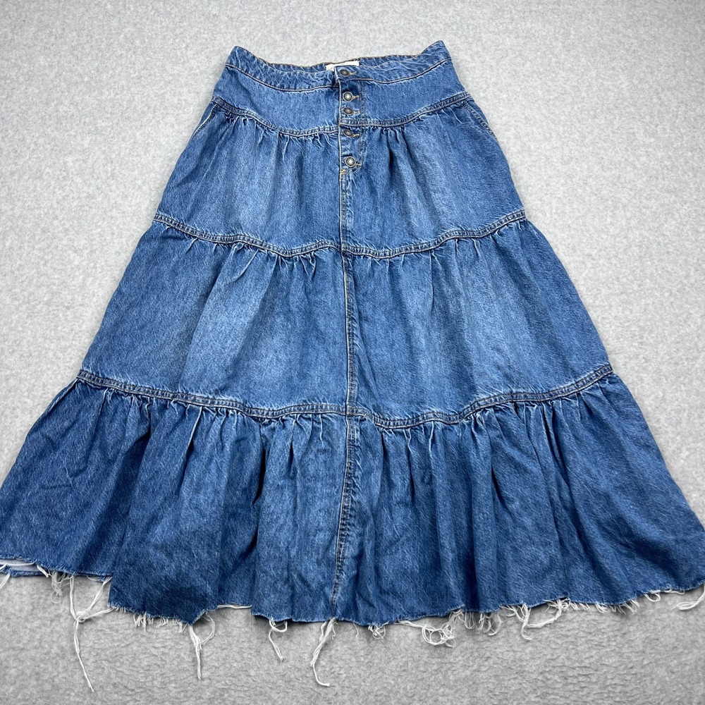 We The Free People Dreamweaver Maxi Skirt Womens‎ Small Blue Denim Tiered Jean